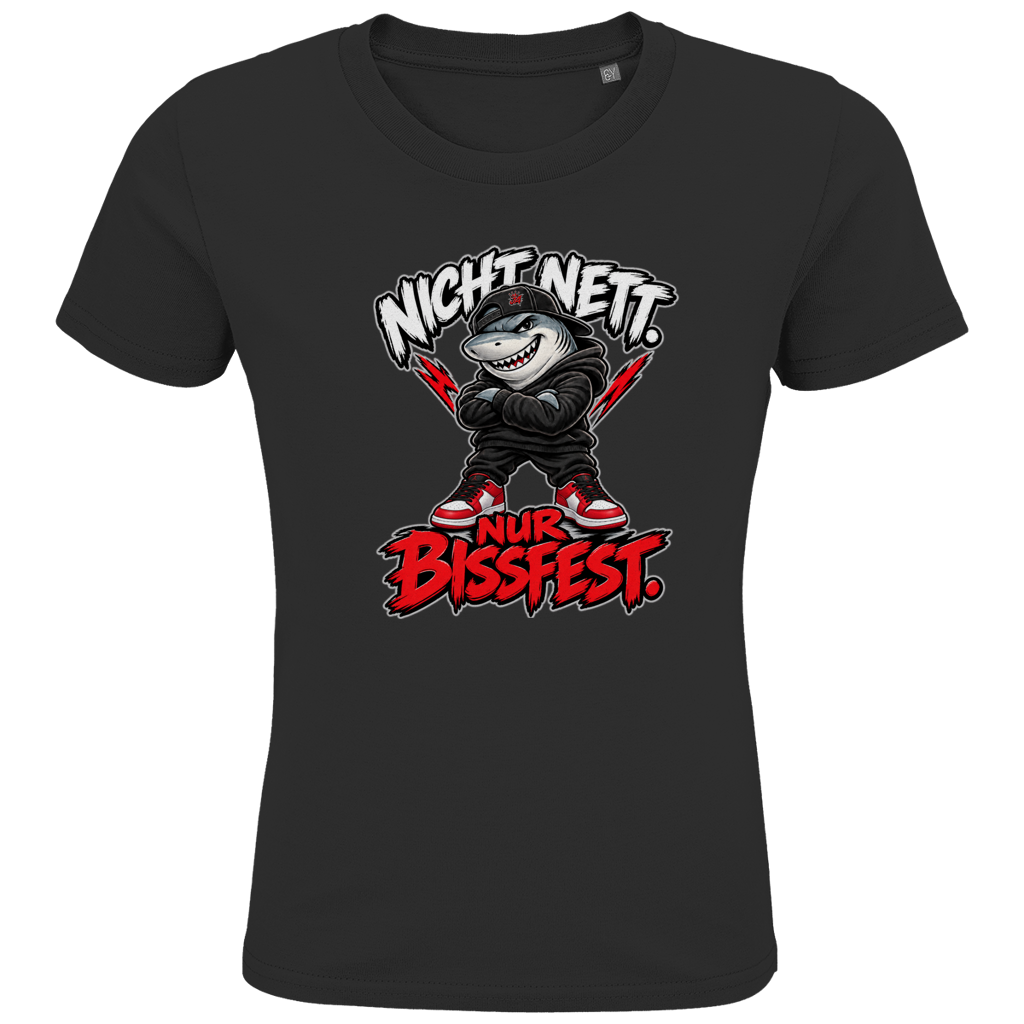 JA Bissfest – Kinder-T-Shirt in Schwarz, Vorderansicht, Frontdruck: Hai mit Cap: „Nicht nett. Nur bissfest.“ – starkes Kindermotiv