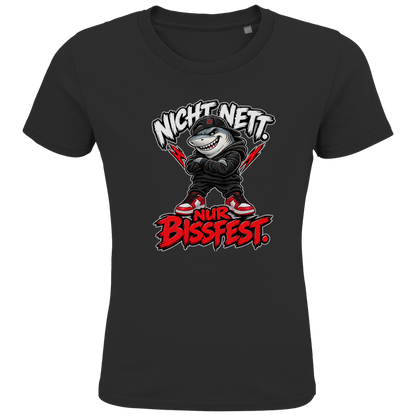 JA Bissfest – Kinder-T-Shirt in Schwarz, Vorderansicht, Frontdruck: Hai mit Cap: „Nicht nett. Nur bissfest.“ – starkes Kindermotiv