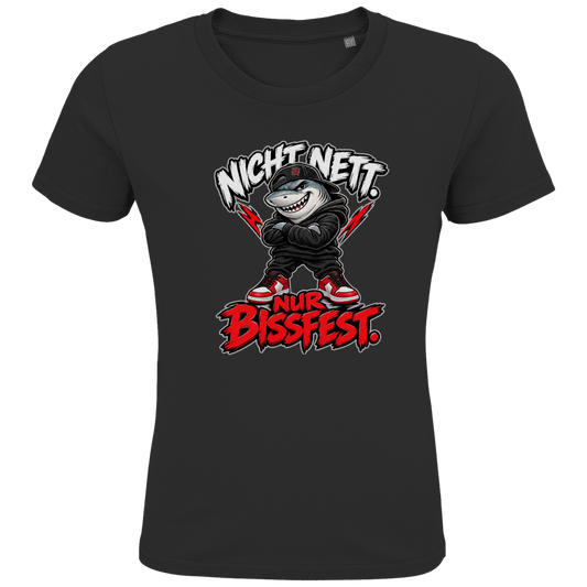 JA Bissfest – Kinder-T-Shirt in Schwarz, Vorderansicht, Frontdruck: Hai mit Cap: „Nicht nett. Nur bissfest.“ – starkes Kindermotiv