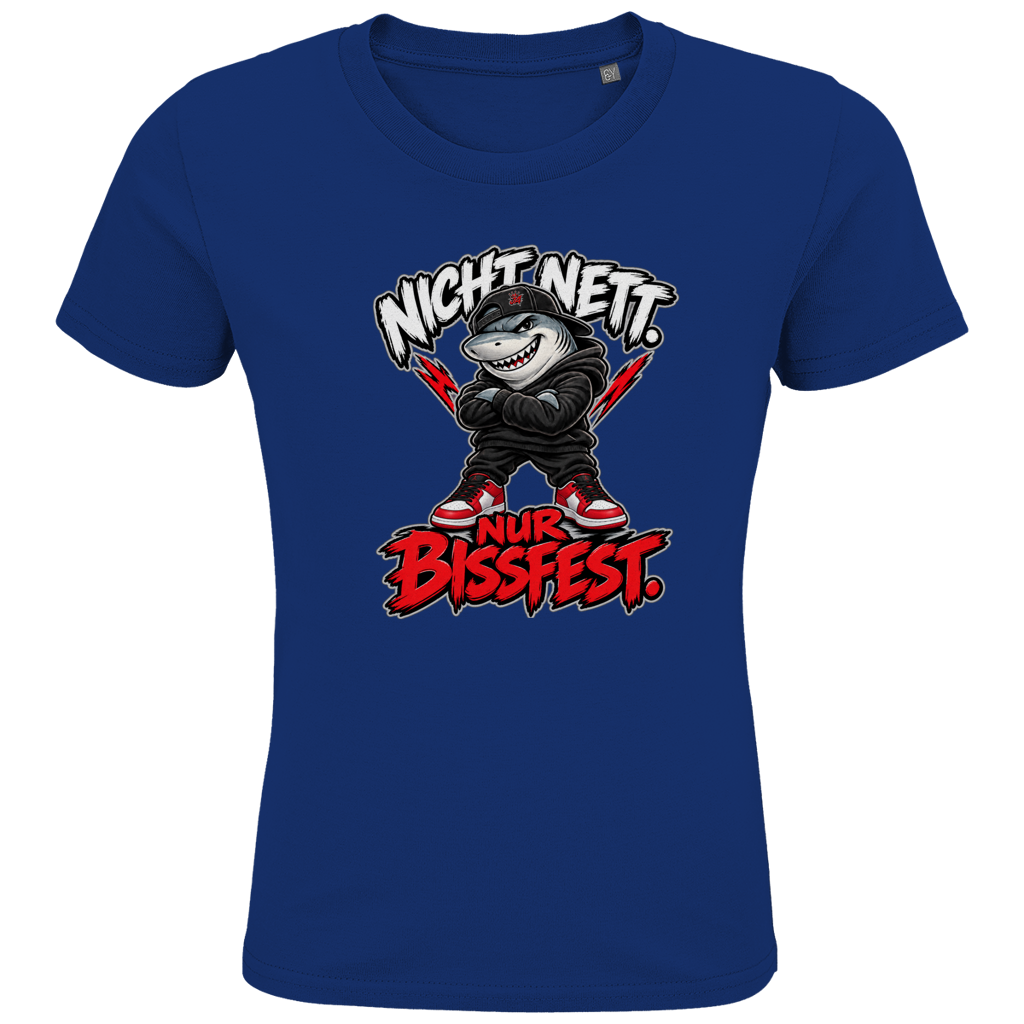 JA Bissfest – Kinder-T-Shirt in Royalblau, Vorderansicht, Frontdruck: Hai mit Cap: „Nicht nett. Nur bissfest.“ – starkes Kindermotiv