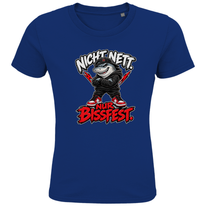 JA Bissfest – Kinder-T-Shirt in Royalblau, Vorderansicht, Frontdruck: Hai mit Cap: „Nicht nett. Nur bissfest.“ – starkes Kindermotiv
