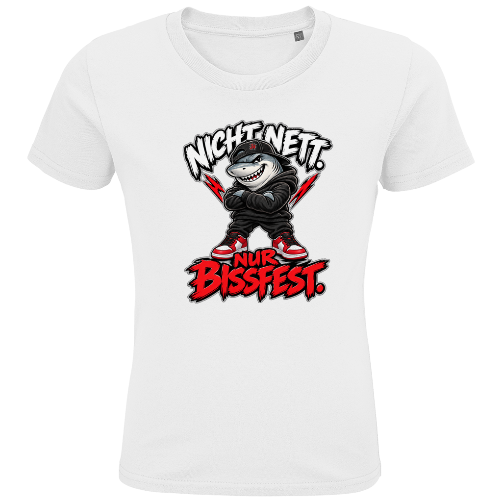 JA Bissfest – Kinder-T-Shirt in Weiß, Vorderansicht, Frontdruck: Hai mit Cap: „Nicht nett. Nur bissfest.“ – starkes Kindermotiv