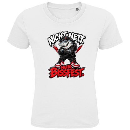 JA Bissfest – Kinder-T-Shirt in Weiß, Vorderansicht, Frontdruck: Hai mit Cap: „Nicht nett. Nur bissfest.“ – starkes Kindermotiv