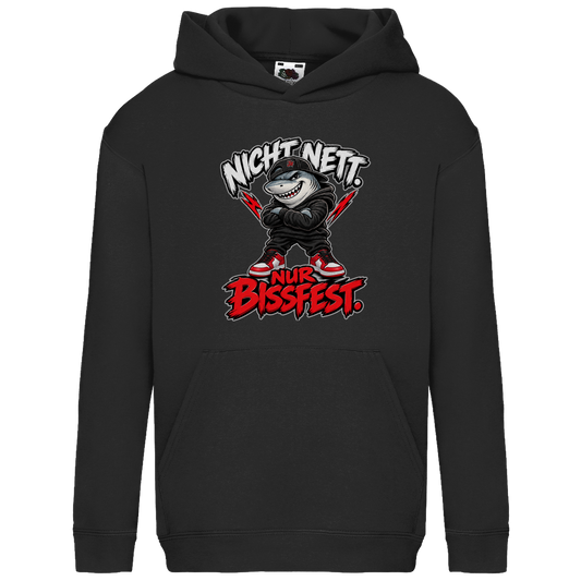 JA Bissfest – Kinder-Hoodie in Schwarz, Vorderansicht, Frontdruck: Hai mit Cap: „Nicht nett. Nur bissfest.“ – starkes Kindermotiv