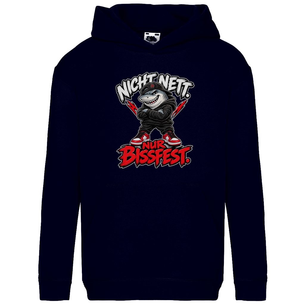 JA Bissfest – Kinder-Hoodie in Dunkles Marineblau, Vorderansicht, Frontdruck: Hai mit Cap: „Nicht nett. Nur bissfest.“ – starkes Kindermotiv