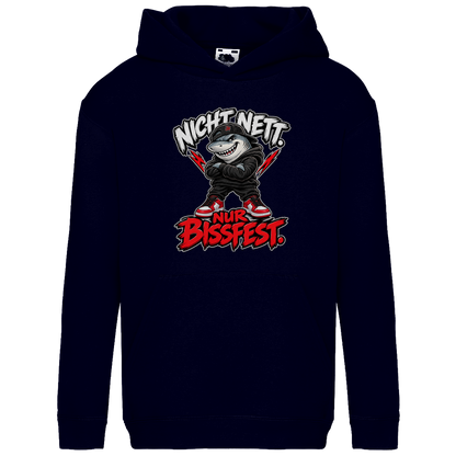 JA Bissfest – Kinder-Hoodie in Dunkles Marineblau, Vorderansicht, Frontdruck: Hai mit Cap: „Nicht nett. Nur bissfest.“ – starkes Kindermotiv