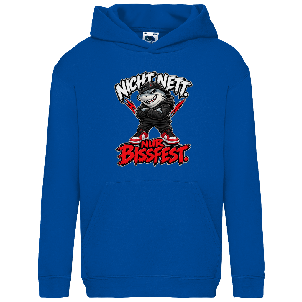 JA Bissfest – Kinder-Hoodie in Royalblau, Vorderansicht, Frontdruck: Hai mit Cap: „Nicht nett. Nur bissfest.“ – starkes Kindermotiv