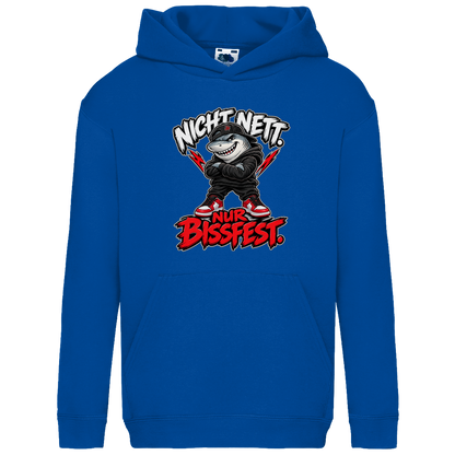 JA Bissfest – Kinder-Hoodie in Royalblau, Vorderansicht, Frontdruck: Hai mit Cap: „Nicht nett. Nur bissfest.“ – starkes Kindermotiv