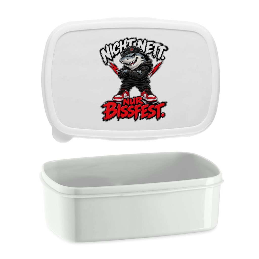JA Bissfest – Lunchbox in Weiß, Aufdruck: Hai mit Cap: „Nicht nett. Nur bissfest.“ – starkes Kindermotiv
