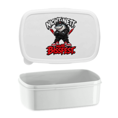 JA Bissfest – Lunchbox in Weiß, Aufdruck: Hai mit Cap: „Nicht nett. Nur bissfest.“ – starkes Kindermotiv