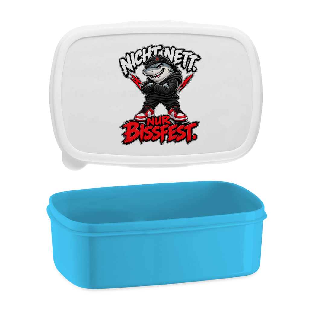 JA Bissfest – Lunchbox in Blau, Aufdruck: Hai mit Cap: „Nicht nett. Nur bissfest.“ – starkes Kindermotiv