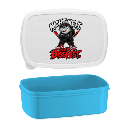 JA Bissfest – Lunchbox in Blau, Aufdruck: Hai mit Cap: „Nicht nett. Nur bissfest.“ – starkes Kindermotiv