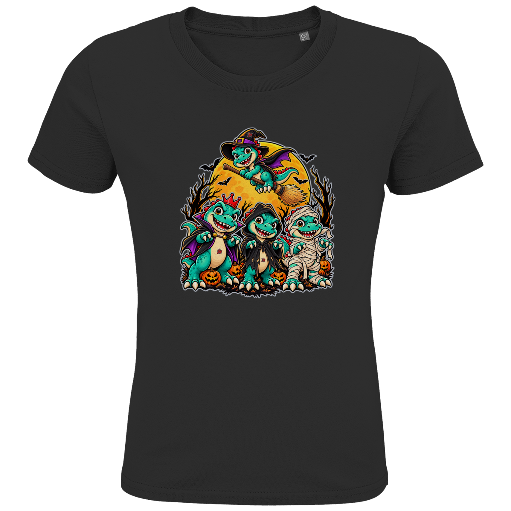 JA Dinoteam – Kinder-T-Shirt in Schwarz, Vorderansicht, Frontdruck: Vier Dinos in Halloween-Kostümen vor dem Vollmond – Motiv ohne Spruch