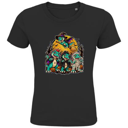 JA Dinoteam – Kinder-T-Shirt in Schwarz, Vorderansicht, Frontdruck: Vier Dinos in Halloween-Kostümen vor dem Vollmond – Motiv ohne Spruch