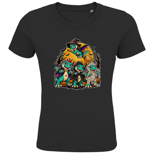 JA Dinoteam – Kinder-T-Shirt in Schwarz, Vorderansicht, Frontdruck: Vier Dinos in Halloween-Kostümen vor dem Vollmond – Motiv ohne Spruch