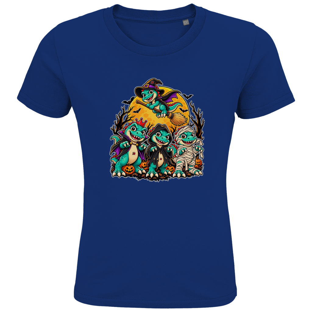 JA Dinoteam – Kinder-T-Shirt in Royalblau, Vorderansicht, Frontdruck: Vier Dinos in Halloween-Kostümen vor dem Vollmond – Motiv ohne Spruch