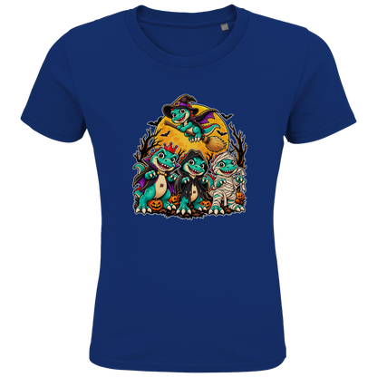 JA Dinoteam – Kinder-T-Shirt in Royalblau, Vorderansicht, Frontdruck: Vier Dinos in Halloween-Kostümen vor dem Vollmond – Motiv ohne Spruch