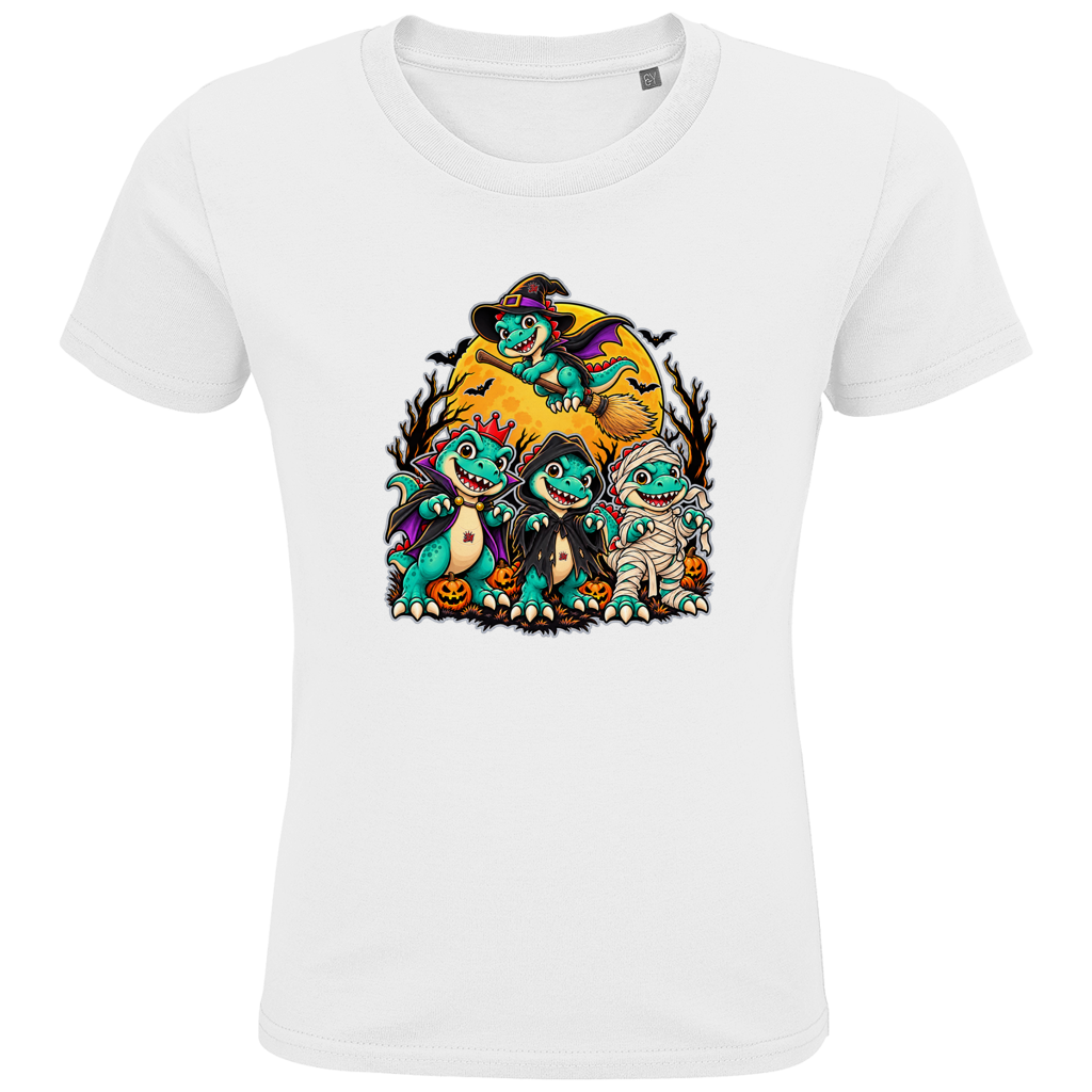 JA Dinoteam – Kinder-T-Shirt in Weiß, Vorderansicht, Frontdruck: Vier Dinos in Halloween-Kostümen vor dem Vollmond – Motiv ohne Spruch