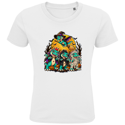 JA Dinoteam – Kinder-T-Shirt in Weiß, Vorderansicht, Frontdruck: Vier Dinos in Halloween-Kostümen vor dem Vollmond – Motiv ohne Spruch