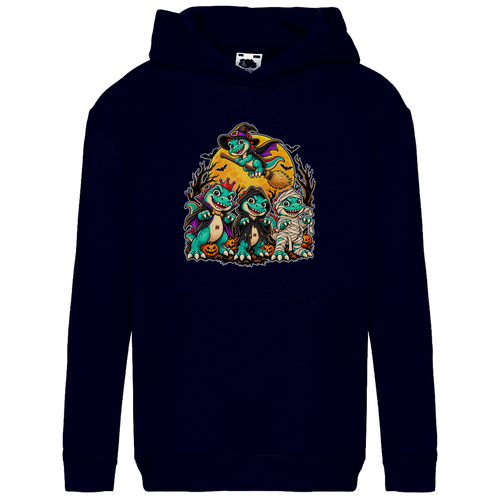 JA Dinoteam – Kinder-Hoodie in Dunkles Marineblau, Vorderansicht, Frontdruck: Vier Dinos in Halloween-Kostümen vor dem Vollmond – Motiv ohne Spruch