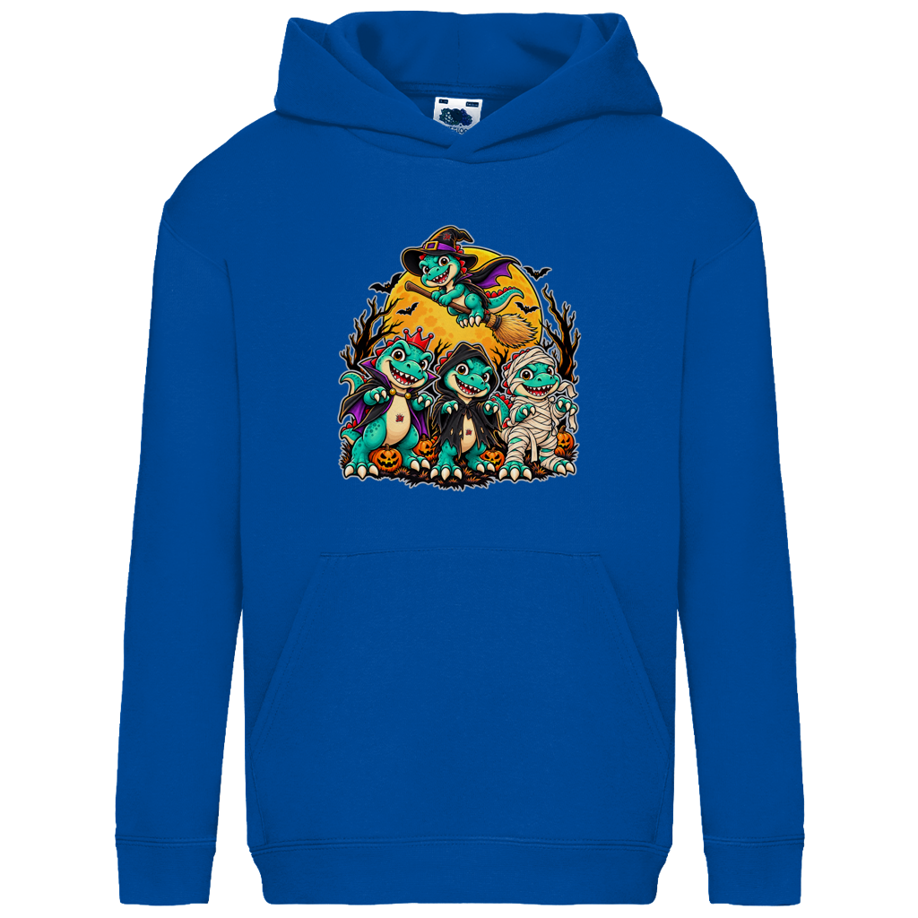JA Dinoteam – Kinder-Hoodie in Royalblau, Vorderansicht, Frontdruck: Vier Dinos in Halloween-Kostümen vor dem Vollmond – Motiv ohne Spruch