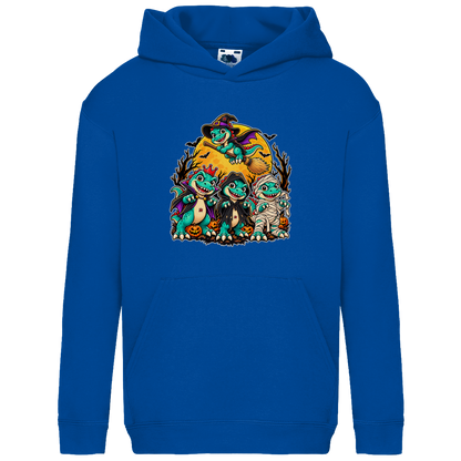 JA Dinoteam – Kinder-Hoodie in Royalblau, Vorderansicht, Frontdruck: Vier Dinos in Halloween-Kostümen vor dem Vollmond – Motiv ohne Spruch