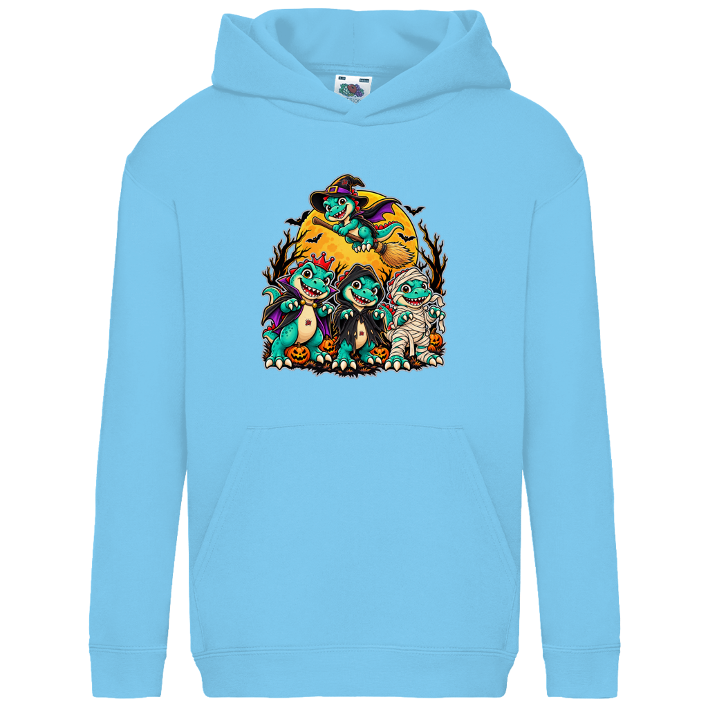 JA Dinoteam – Kinder-Hoodie in Himmelblau, Vorderansicht, Frontdruck: Vier Dinos in Halloween-Kostümen vor dem Vollmond – Motiv ohne Spruch