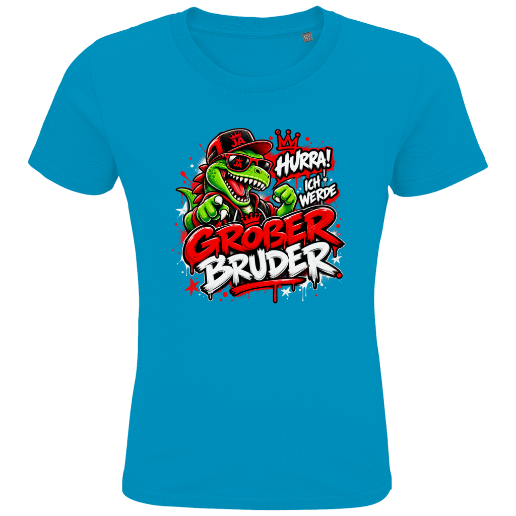 JA Großer Bruder – Kinder-T-Shirt in Aqua, Vorderansicht, Frontdruck: Dino-Motiv „Hurra! Ich werde großer Bruder“ – Geschenk zur Geschwister-Ankündigung