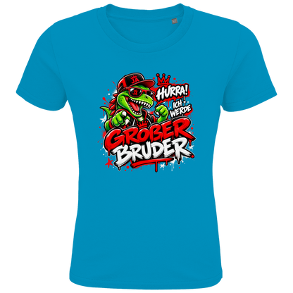 JA Großer Bruder – Kinder-T-Shirt in Aqua, Vorderansicht, Frontdruck: Dino-Motiv „Hurra! Ich werde großer Bruder“ – Geschenk zur Geschwister-Ankündigung