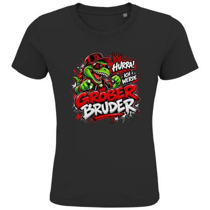 JA Großer Bruder – Kinder-T-Shirt in Schwarz, Vorderansicht, Frontdruck: Dino-Motiv „Hurra! Ich werde großer Bruder“ – Geschenk zur Geschwister-Ankündigung