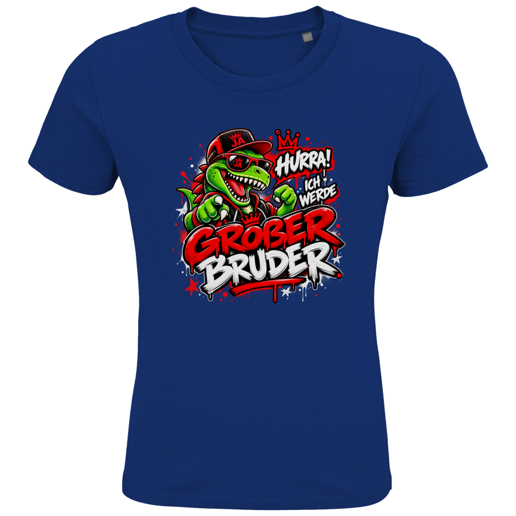 JA Großer Bruder – Kinder-T-Shirt in Royalblau, Vorderansicht, Frontdruck: Dino-Motiv „Hurra! Ich werde großer Bruder“ – Geschenk zur Geschwister-Ankündigung