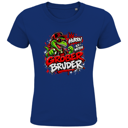 JA Großer Bruder – Kinder-T-Shirt in Royalblau, Vorderansicht, Frontdruck: Dino-Motiv „Hurra! Ich werde großer Bruder“ – Geschenk zur Geschwister-Ankündigung