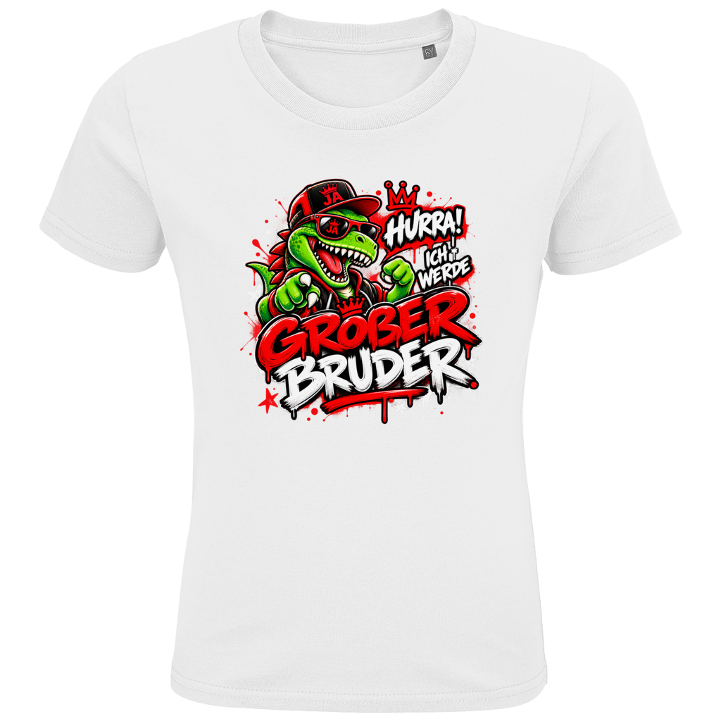 JA Großer Bruder – Kinder-T-Shirt in Weiß, Vorderansicht, Frontdruck: Dino-Motiv „Hurra! Ich werde großer Bruder“ – Geschenk zur Geschwister-Ankündigung