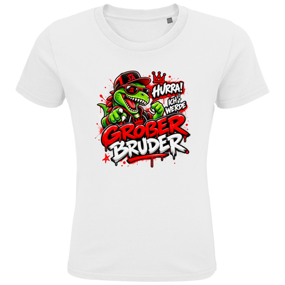 JA Großer Bruder – Kinder-T-Shirt in Weiß, Vorderansicht, Frontdruck: Dino-Motiv „Hurra! Ich werde großer Bruder“ – Geschenk zur Geschwister-Ankündigung