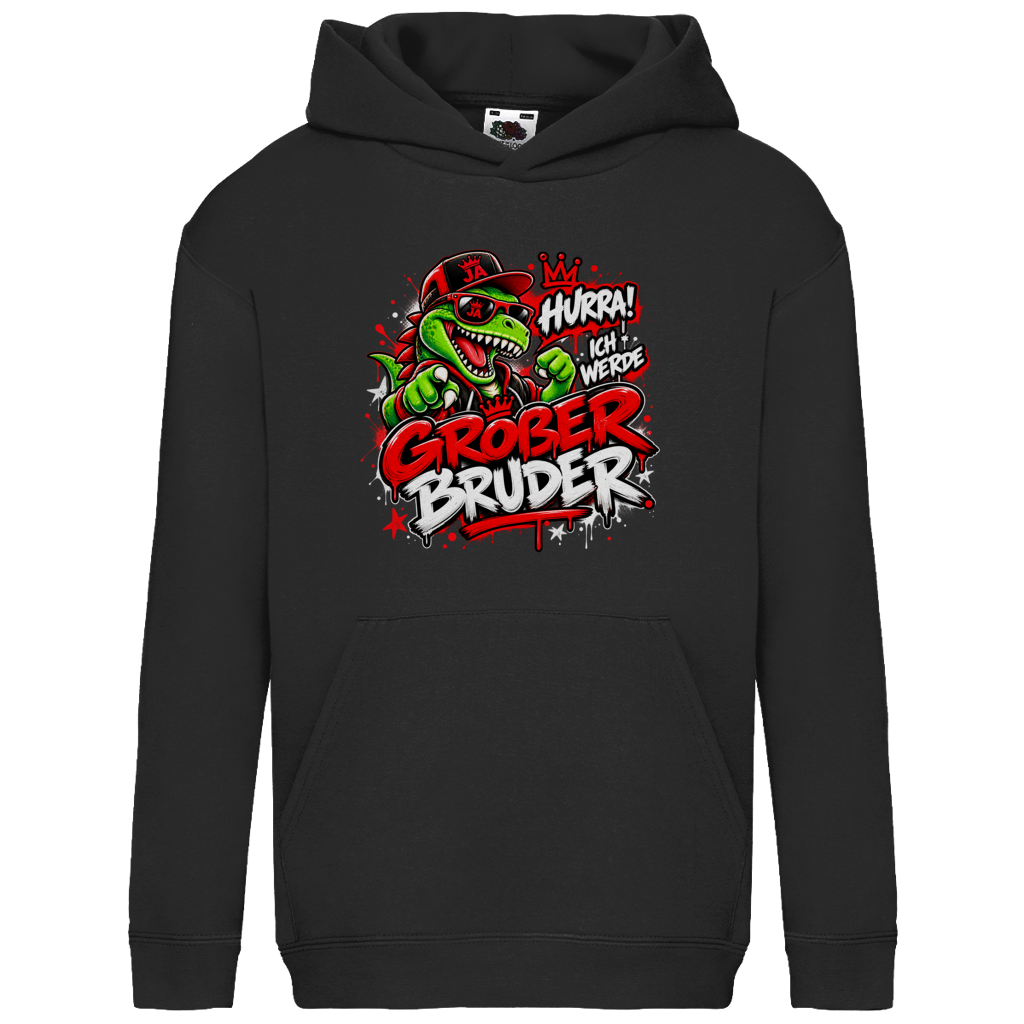 JA Großer Bruder – Kinder-Hoodie in Schwarz, Vorderansicht, Frontdruck: Dino-Motiv „Hurra! Ich werde großer Bruder“ – Geschenk zur Geschwister-Ankündigung