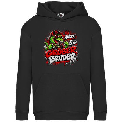 JA Großer Bruder – Kinder-Hoodie in Schwarz, Vorderansicht, Frontdruck: Dino-Motiv „Hurra! Ich werde großer Bruder“ – Geschenk zur Geschwister-Ankündigung