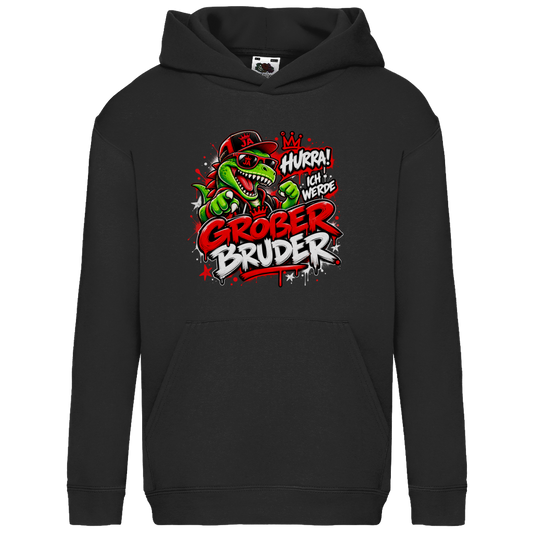 JA Großer Bruder – Kinder-Hoodie in Schwarz, Vorderansicht, Frontdruck: Dino-Motiv „Hurra! Ich werde großer Bruder“ – Geschenk zur Geschwister-Ankündigung