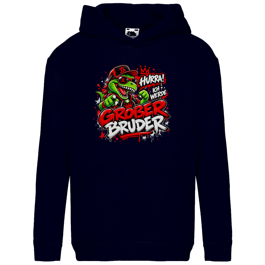 JA Großer Bruder – Kinder-Hoodie in Dunkles Marineblau, Vorderansicht, Frontdruck: Dino-Motiv „Hurra! Ich werde großer Bruder“ – Geschenk zur Geschwister-Ankündigung
