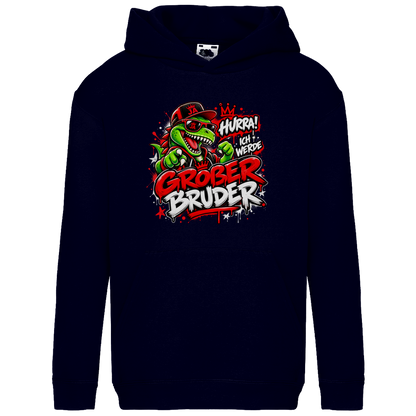 JA Großer Bruder – Kinder-Hoodie in Dunkles Marineblau, Vorderansicht, Frontdruck: Dino-Motiv „Hurra! Ich werde großer Bruder“ – Geschenk zur Geschwister-Ankündigung