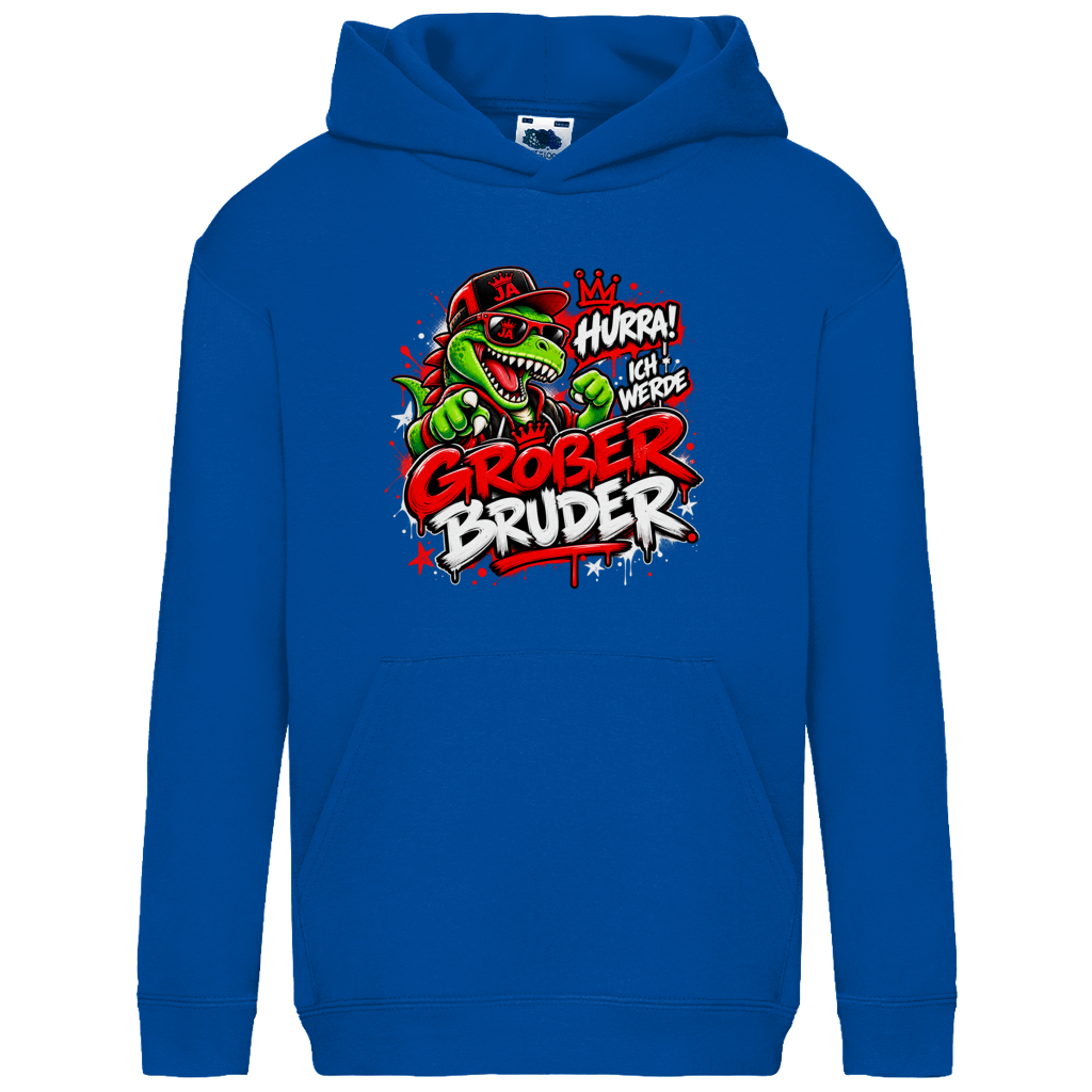 JA Großer Bruder – Kinder-Hoodie in Royalblau, Vorderansicht, Frontdruck: Dino-Motiv „Hurra! Ich werde großer Bruder“ – Geschenk zur Geschwister-Ankündigung
