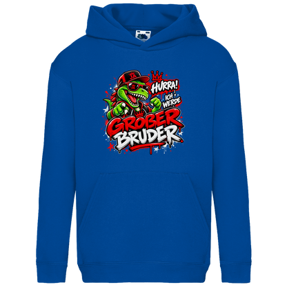 JA Großer Bruder – Kinder-Hoodie in Royalblau, Vorderansicht, Frontdruck: Dino-Motiv „Hurra! Ich werde großer Bruder“ – Geschenk zur Geschwister-Ankündigung