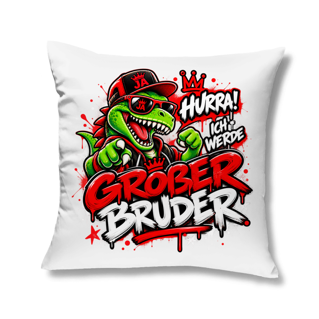 JA Großer Bruder – Kissen in Weiß, Aufdruck: Dino-Motiv „Hurra! Ich werde großer Bruder“ – Geschenk zur Geschwister-Ankündigung