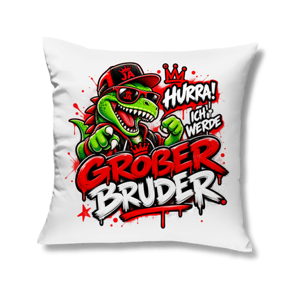 JA Großer Bruder – Kissen in Weiß, Aufdruck: Dino-Motiv „Hurra! Ich werde großer Bruder“ – Geschenk zur Geschwister-Ankündigung