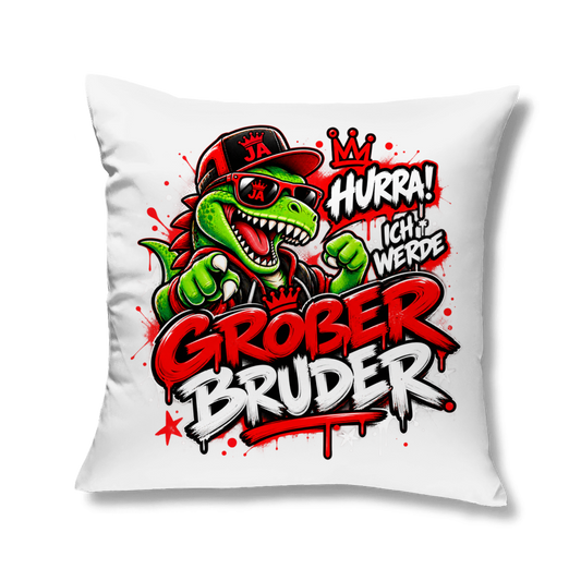 JA Großer Bruder – Kissen in Weiß, Aufdruck: Dino-Motiv „Hurra! Ich werde großer Bruder“ – Geschenk zur Geschwister-Ankündigung