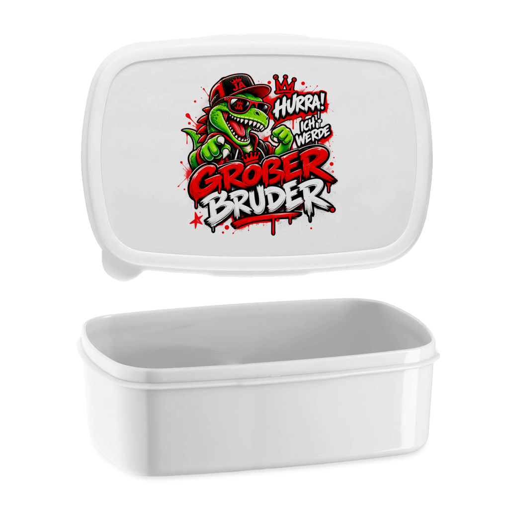 JA Großer Bruder – Lunchbox in Weiß, Aufdruck: Dino-Motiv „Hurra! Ich werde großer Bruder“ – Geschenk zur Geschwister-Ankündigung