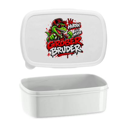 JA Großer Bruder – Lunchbox in Weiß, Aufdruck: Dino-Motiv „Hurra! Ich werde großer Bruder“ – Geschenk zur Geschwister-Ankündigung