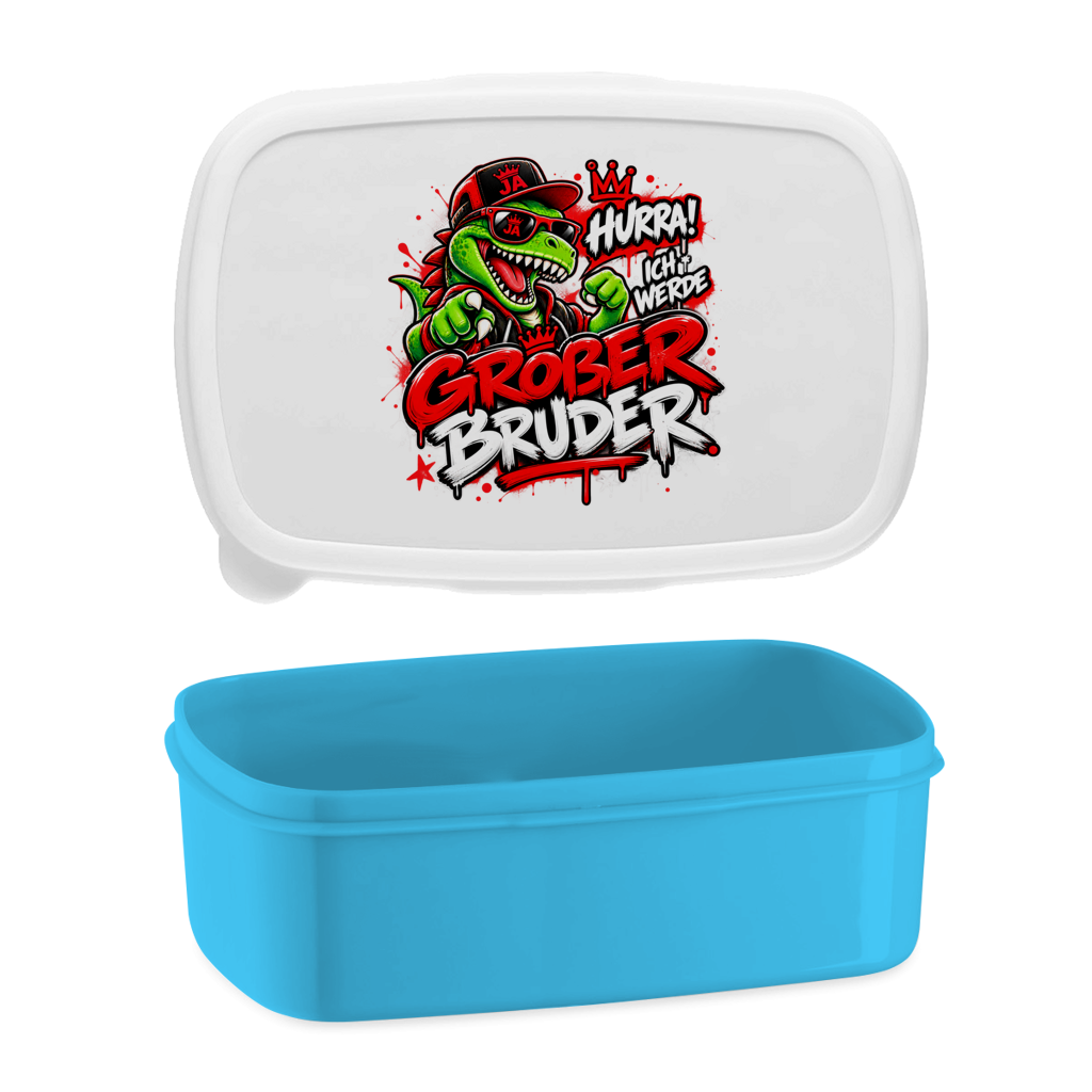 JA Großer Bruder – Lunchbox in Blau, Aufdruck: Dino-Motiv „Hurra! Ich werde großer Bruder“ – Geschenk zur Geschwister-Ankündigung