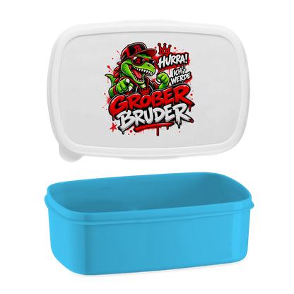 JA Großer Bruder – Lunchbox in Blau, Aufdruck: Dino-Motiv „Hurra! Ich werde großer Bruder“ – Geschenk zur Geschwister-Ankündigung