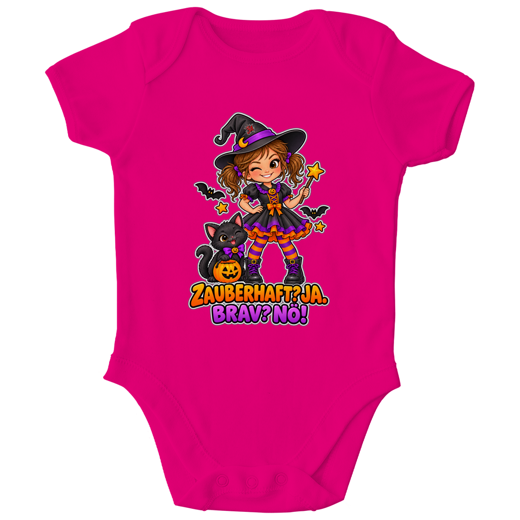 JA Frechzauber – Baby-Body in Fuchsia, Vorderansicht, Frontdruck: Kleine Hexe mit Katze: „Zauberhaft? JA. Brav? Nö!“