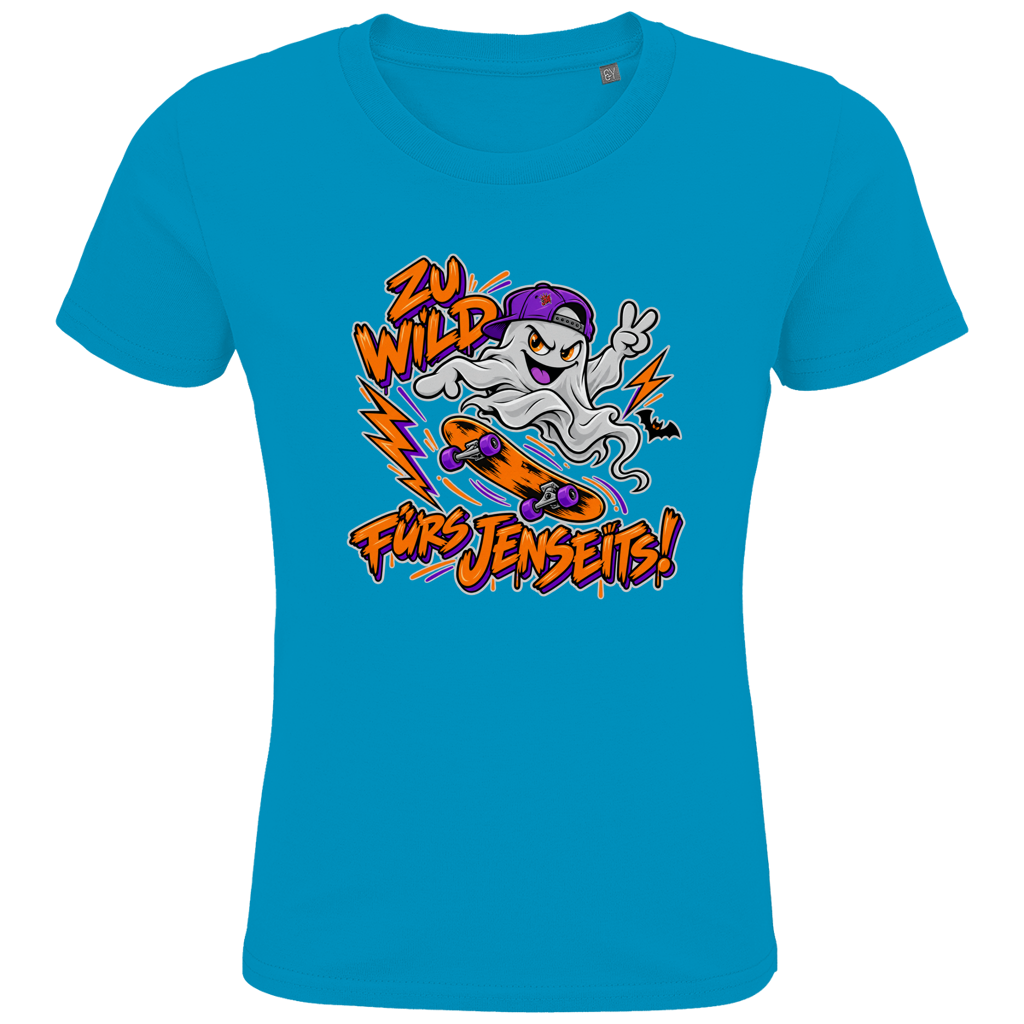 JA Geisterkick – Kinder-T-Shirt in Aqua, Vorderansicht, Frontdruck: Skater-Geist mit Cap: „Zu wild fürs Jenseits!“ in Orange und Lila